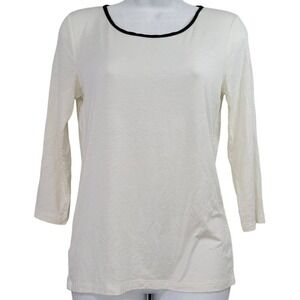 Ann Taylor XS White 3/4 Sleeve Tencel Blend Black Trim Stretch Zip Back Top